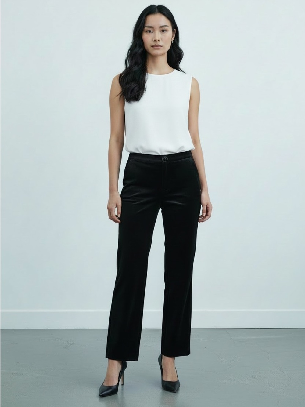 Ann Taylor Black Velvet Straight-wide Leg Pants - Women's with black big button